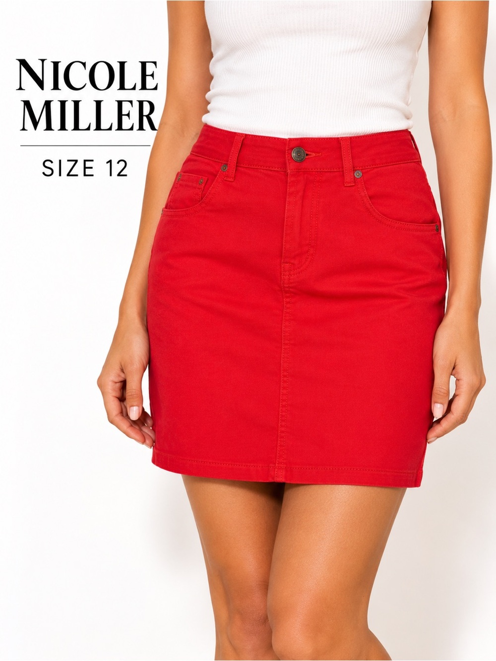 Nicole Miller Red Stretch Cotton Mini Skirt Size 12 Pencil Casual